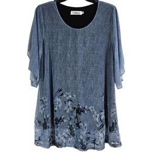 Ninedaily Blue Floral Print Tunic Top with Sheer Sleeves Size XL